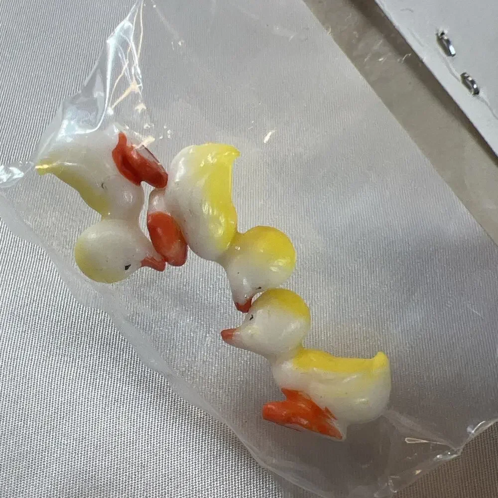 Vintage Hand Painted Duck Miniatures Set of 6 Plastic Yellow Ducklings Mini Tiny